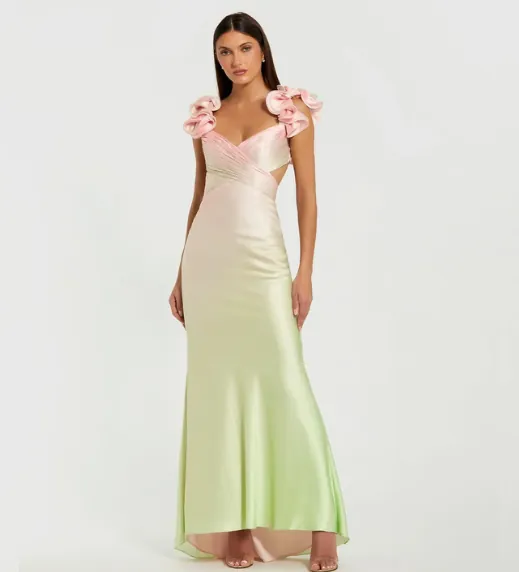 Charmeuse Ruffle Strap Crossover Ombre Gown